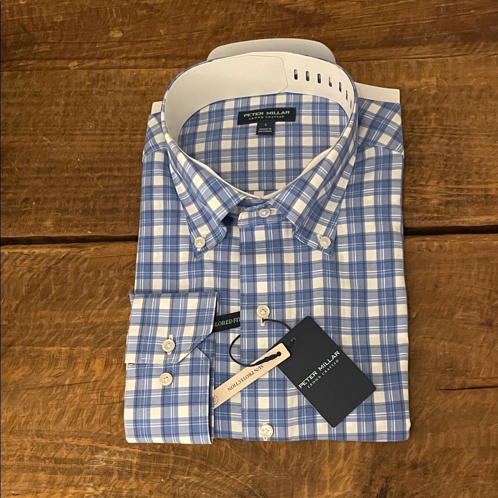 Peter Millar Men's Blue and White Plaid Shirt